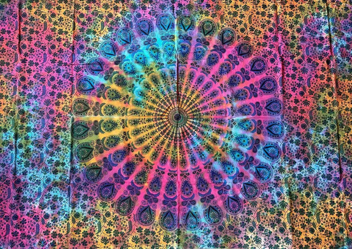 Lebendiges Mandala-Ritualtuch von Sundara Handicrafts, bunte Wanddeko im Regenbogenfarbdesign, 200x220cm