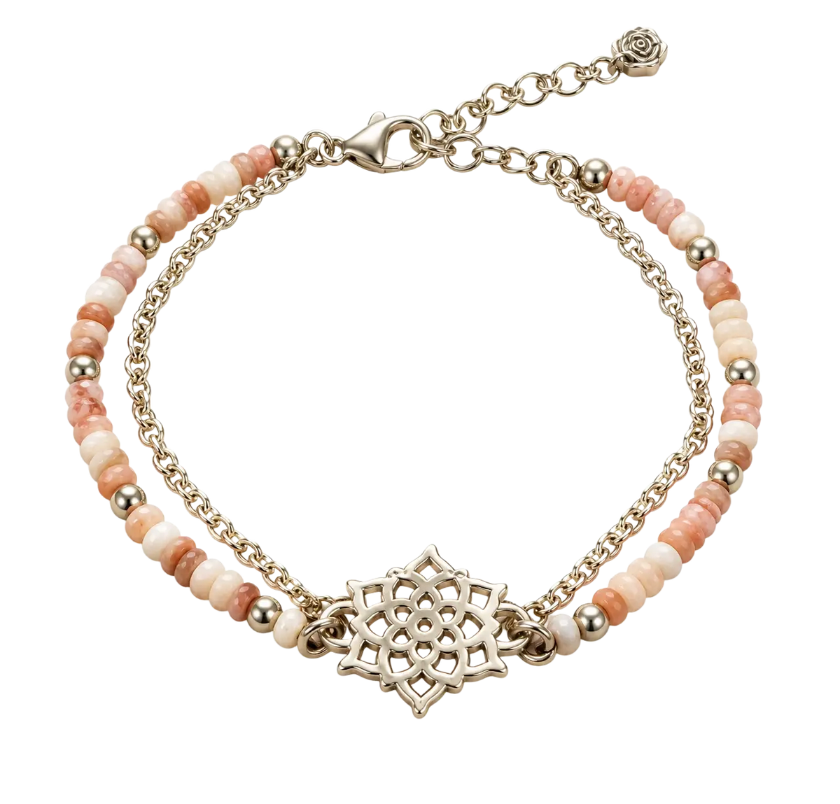 Rosaroter achatschmuck armband mit zwei reihen aus pfirsich und cremefarbigen perlen silbermandala und rosenverschluss