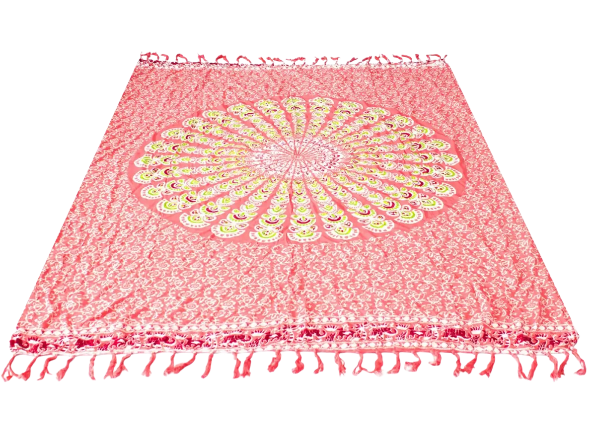 Rosa Lunghi Sarong Pareo mit Mandala-Muster, 140x100cm, von AW Artisan, zeigt psychedelisches, farbenfrohes Design.