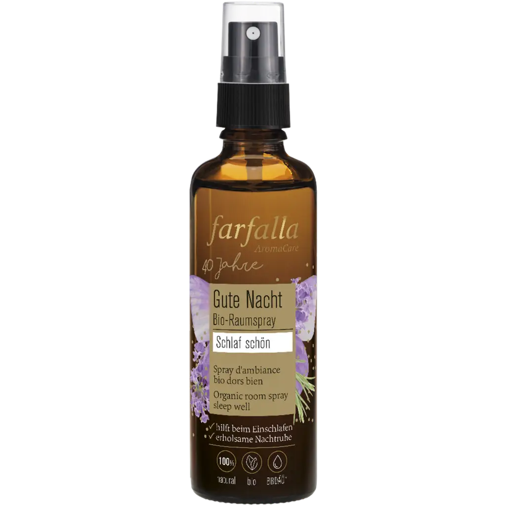 Dessauer Schlaf schön Lavendel Bio-Raumspray, 75ml, braune Flasche mit Spraykopf und Lavendelblüten.