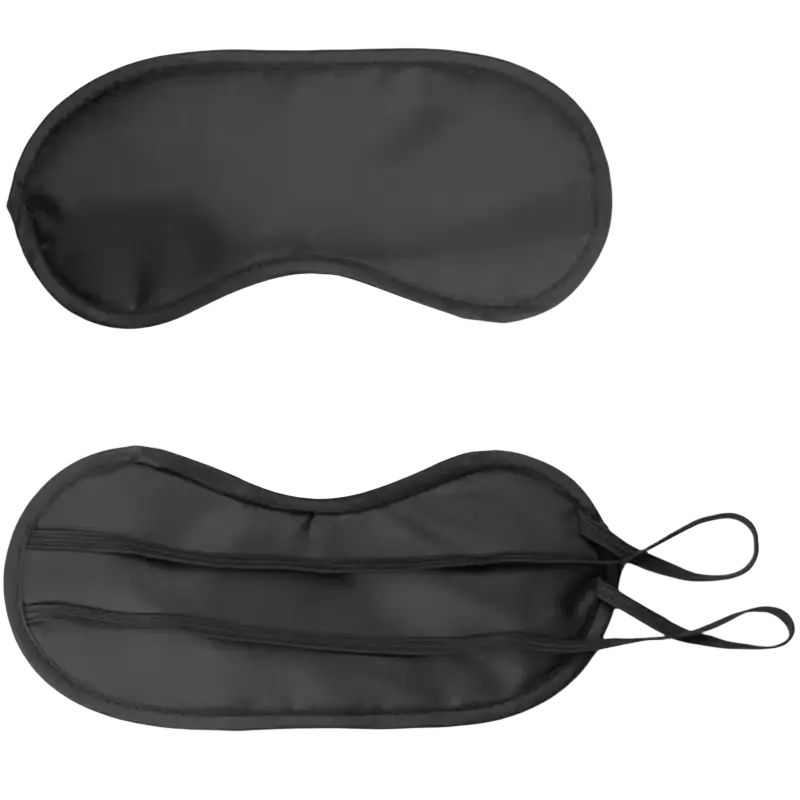 Schwarze Schlafmaske aus Stoff, verstellbar, für Therapie und Entspannung, von Mana Shop, liegt flach auf einem Bett.
