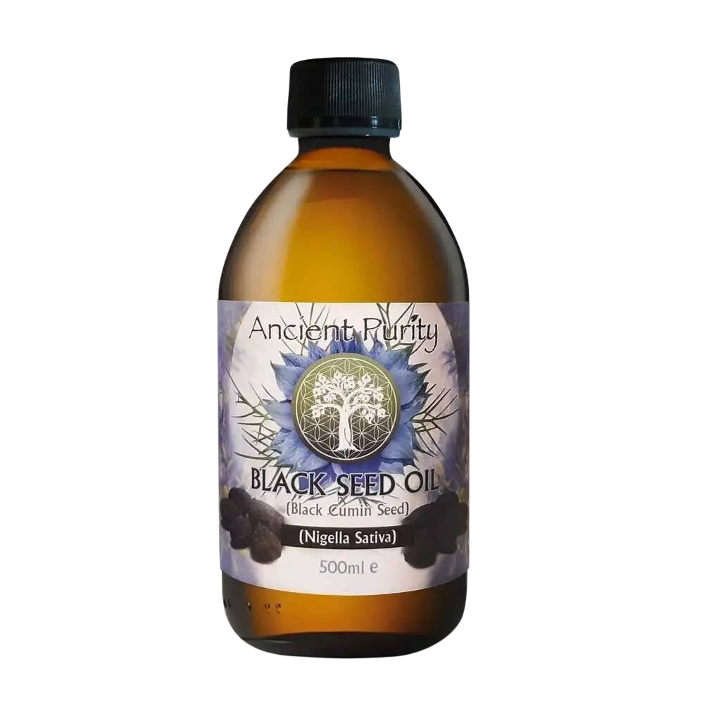 Schwarzkümmelöl von Ancient Purity, 500 ml Bio, kaltgepresst, in einer dunklen Flasche, Herkunft Ägypten, ätherisches Öl