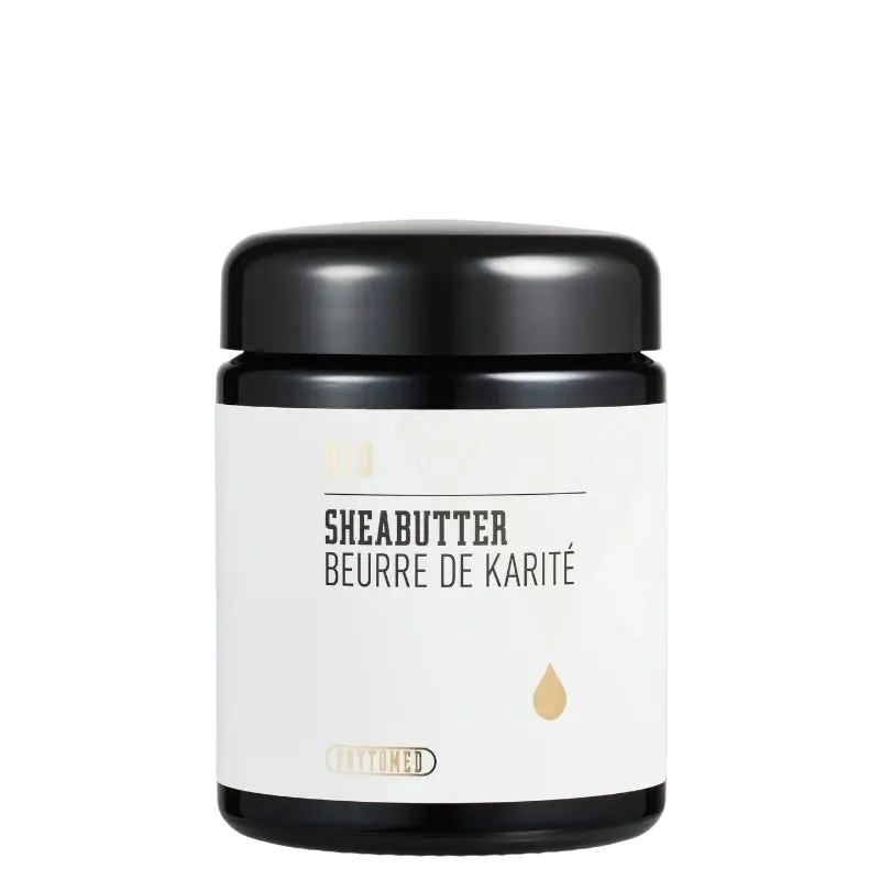 Bio Sheabutter für den Körper in schwarzem Glasgefäß, 200g, von Phytomed, mit mattem schwarzen Deckel