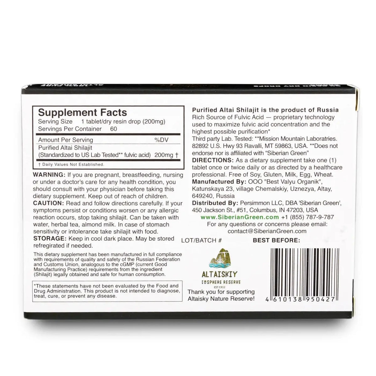 Sibirisches Shilajit 60 Dry Drops von SiberianGreen, Nahrungsergänzung, in dunkler Flasche mit Tropfer, goldene Berge im Hintergrund