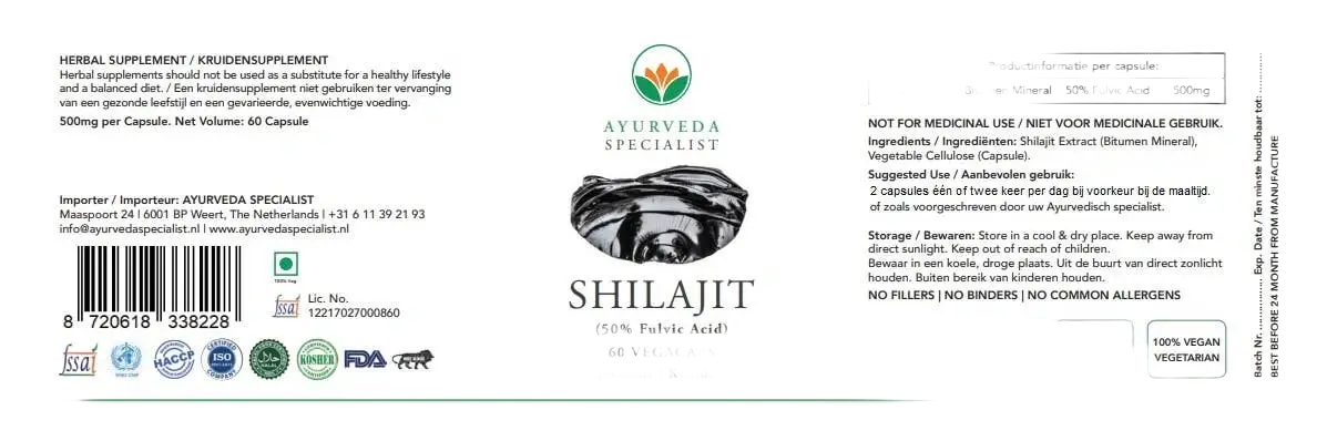 Shilajit-Extrakt Pur 500 mg mit 50 % Fulvinsäure, Nahrungsergänzungsmittel in Glasflasche, Ayurveda Specialist B.V.