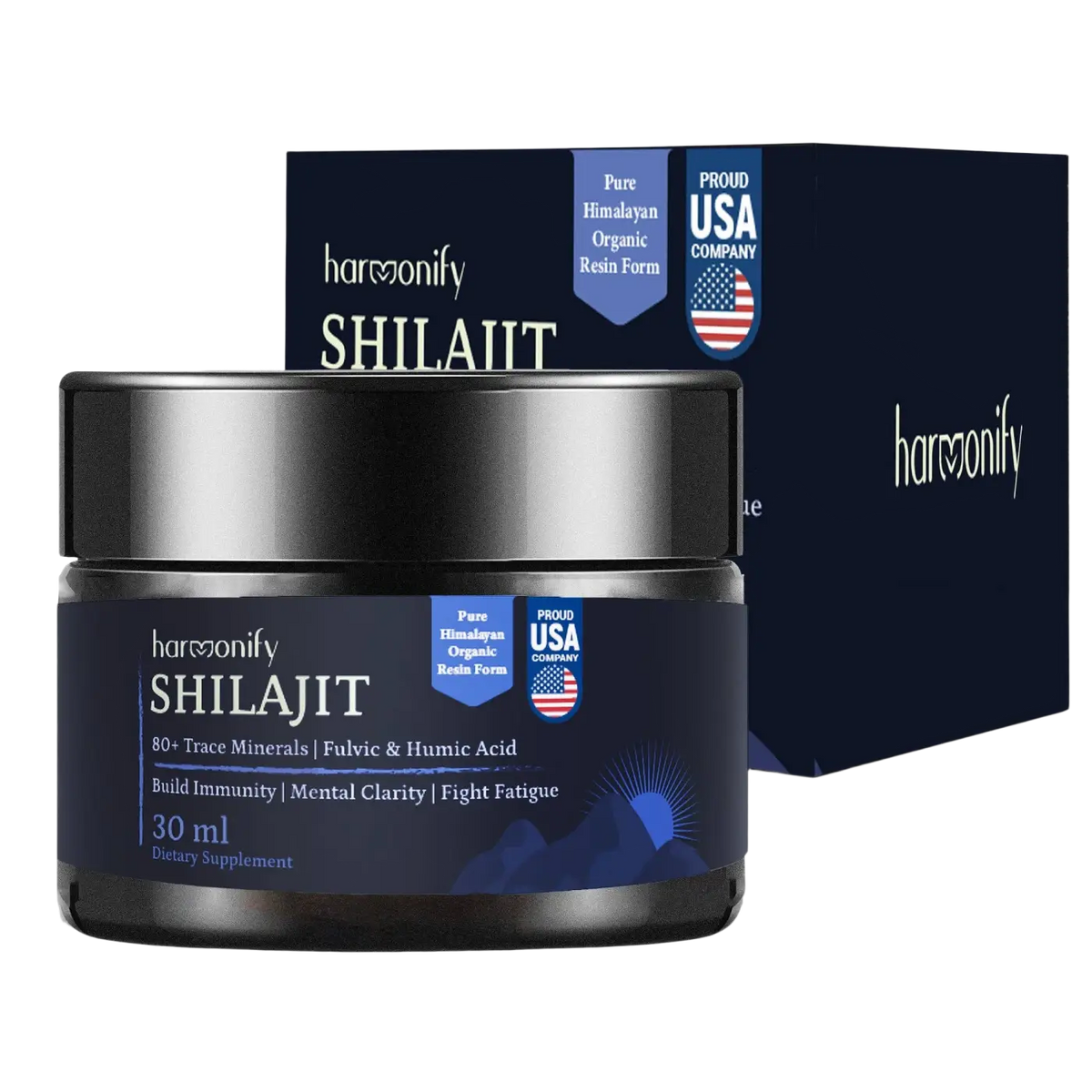 HarmoniFY Himalaya-Shilajit in Goldqualität, reines Shilajit Harz als Nahrungsergänzung in einem Glasbehälter.