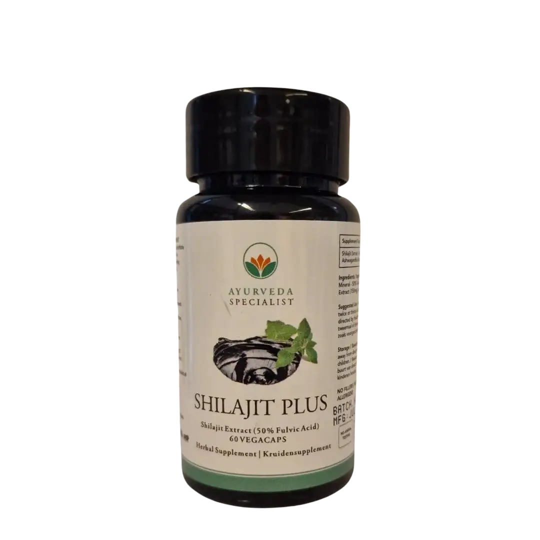 Flasche mit Shilajit Plus von Ayurveda Specialist B.V., 350 mg mit 50% Fulvinsäure und 150 mg Ashwagandha.