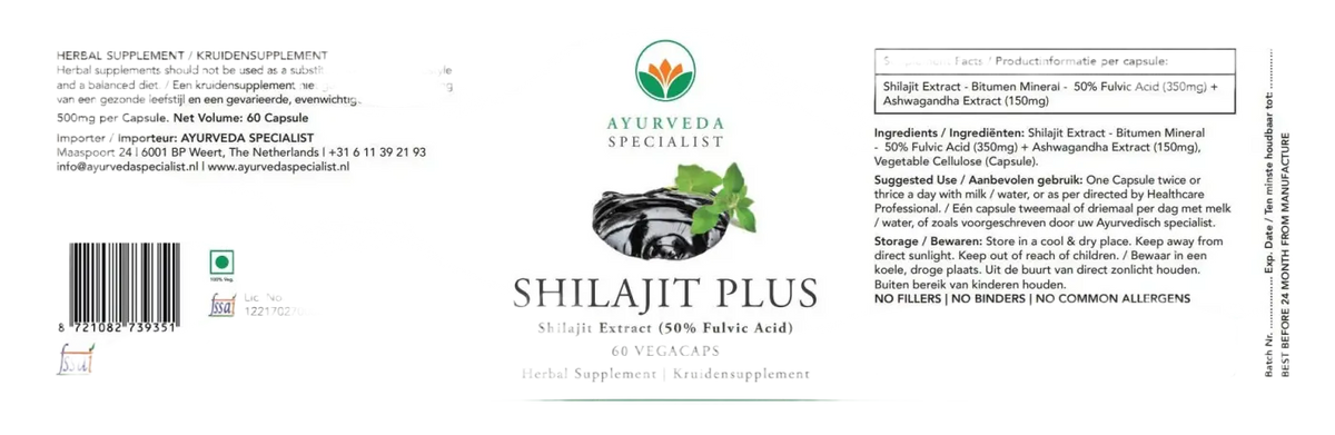 Äußerliches Bild von Shilajit Plus mit 350 mg, 50% Fulvinsäure und 150 mg Ashwagandha, in grüner und weißer Verpackung.