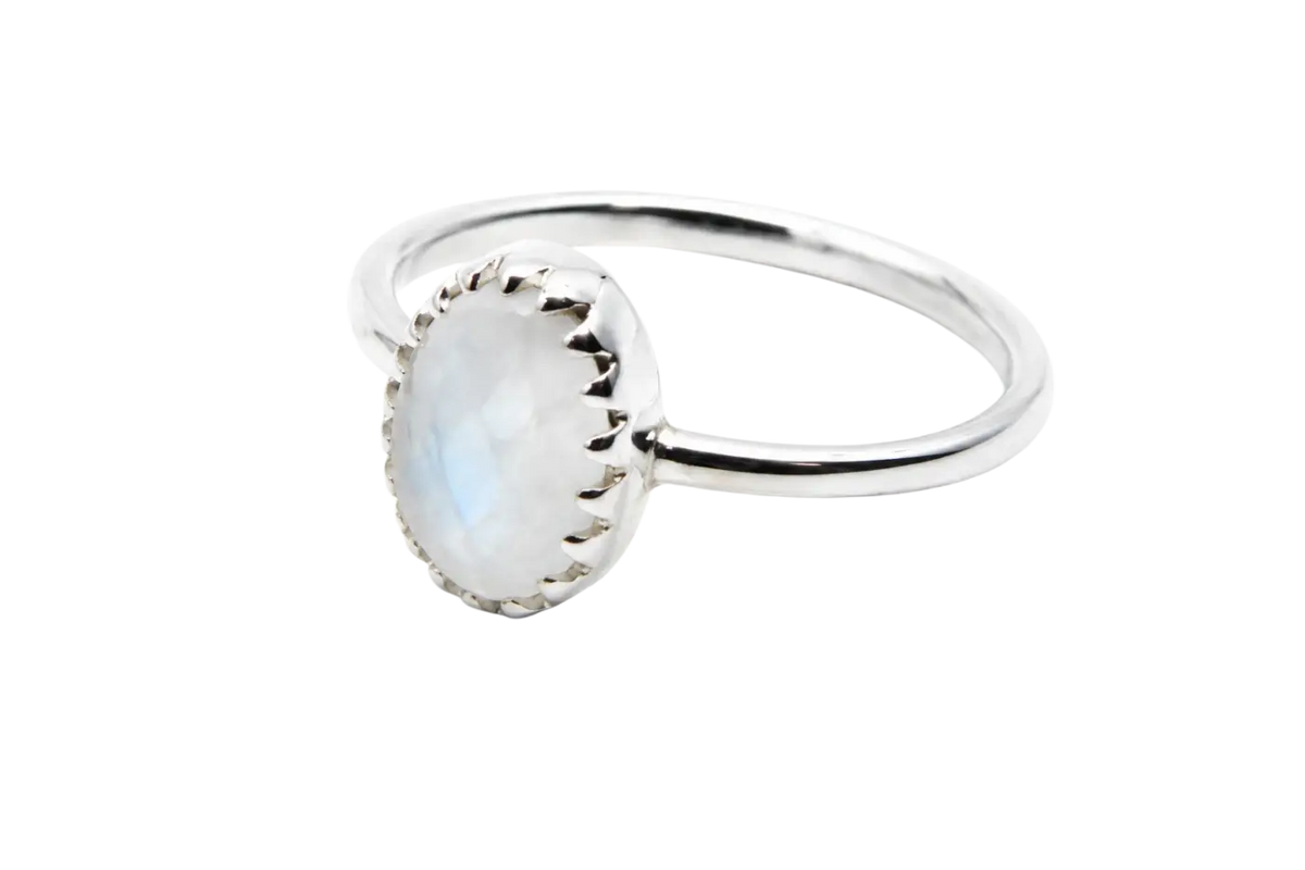 Zarter Silber Fingerring mit Mondstein, Durchmesser 17,2 mm, Größe 54, eleganter Schmuck von Shanti Enterprise