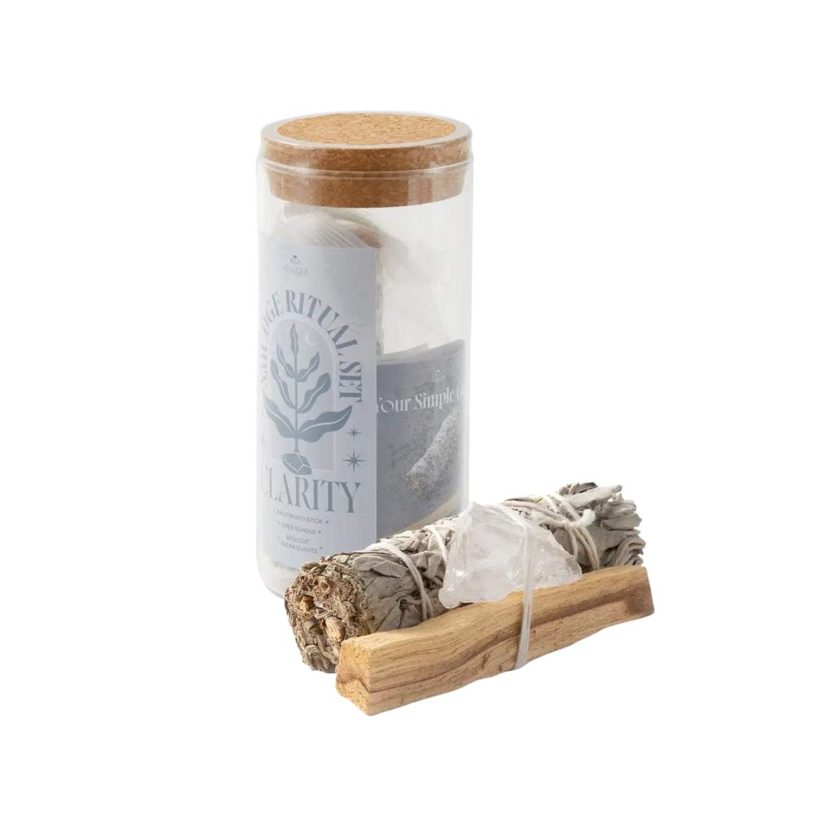 Myga Smudge-Set mit Salbei und Palo Santo, energetische Räucherwaren für Reinigung und spirituelles Ritual, auf weißem Hintergrund.