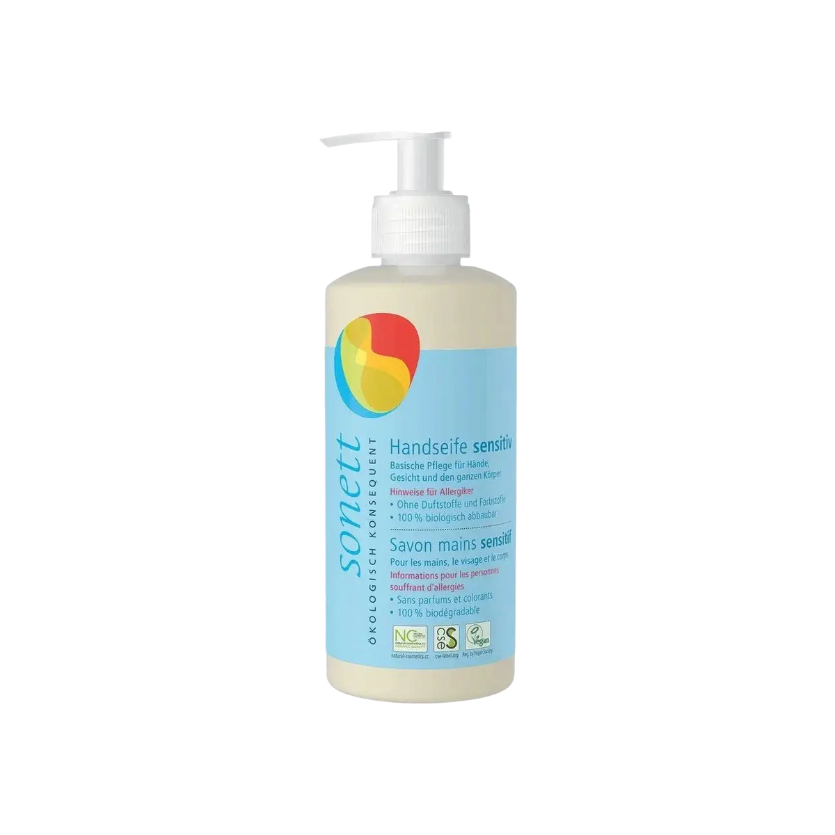 Transparente Flasche mit 300ml Sonett Handseife Sensitiv, naturreine Seife für empfindliche Haut