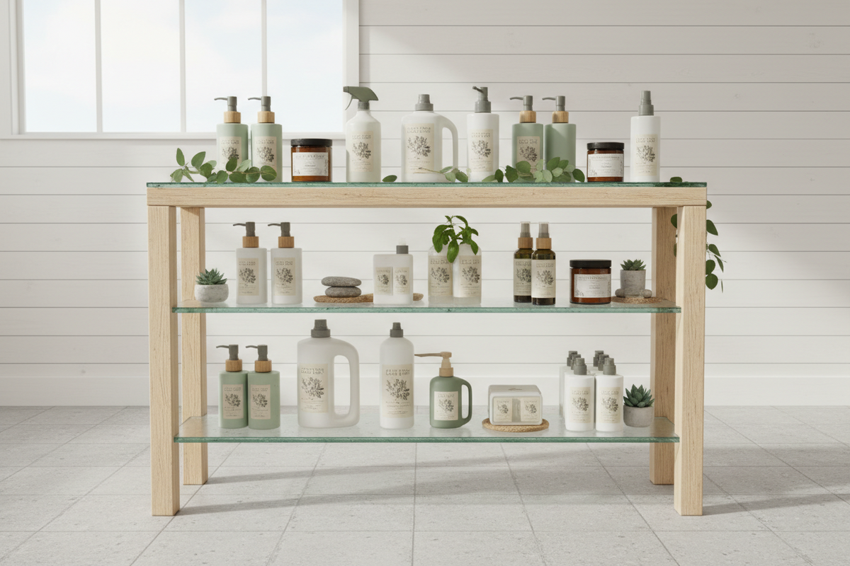 Bio-Kosmetik und Naturpflegeprodukte auf einem dreistöckigen Glasregal.