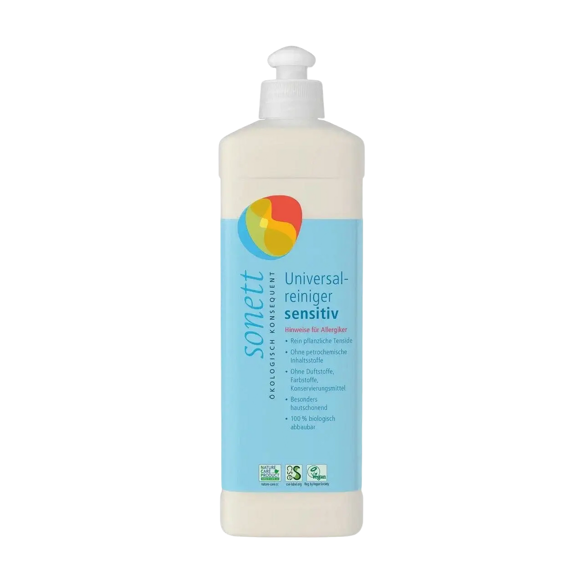 Sonett Universalreiniger neutral/sensitiv, Reinigungsmittel in heller blauer Flasche, für sensible und neutrale Reinigung.