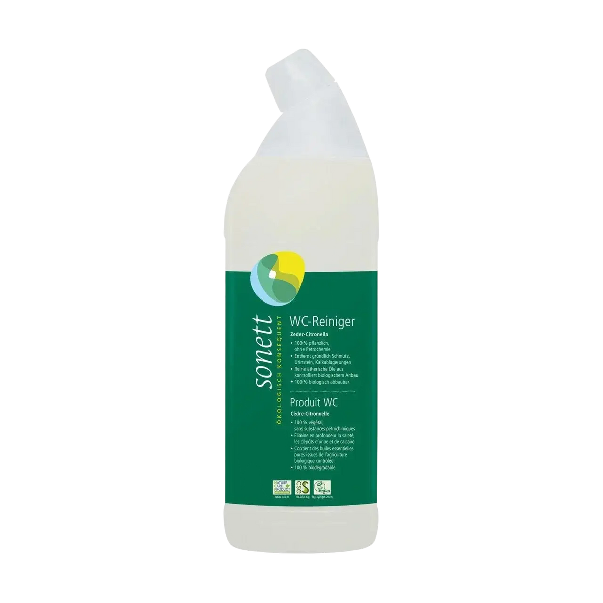 Sonett WC-Reiniger Zeder-Citronella, umweltfreundliches Reinigungsmittel für WC und Badezimmer, durchscheinende Flasche