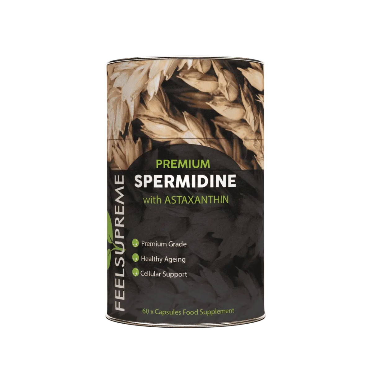 Nahrungsergänzung Feel Supreme Spermidine mit Astaxanthin für Zellgesundheit und Langlebigkeit, in einer Flasche mit Kapseln