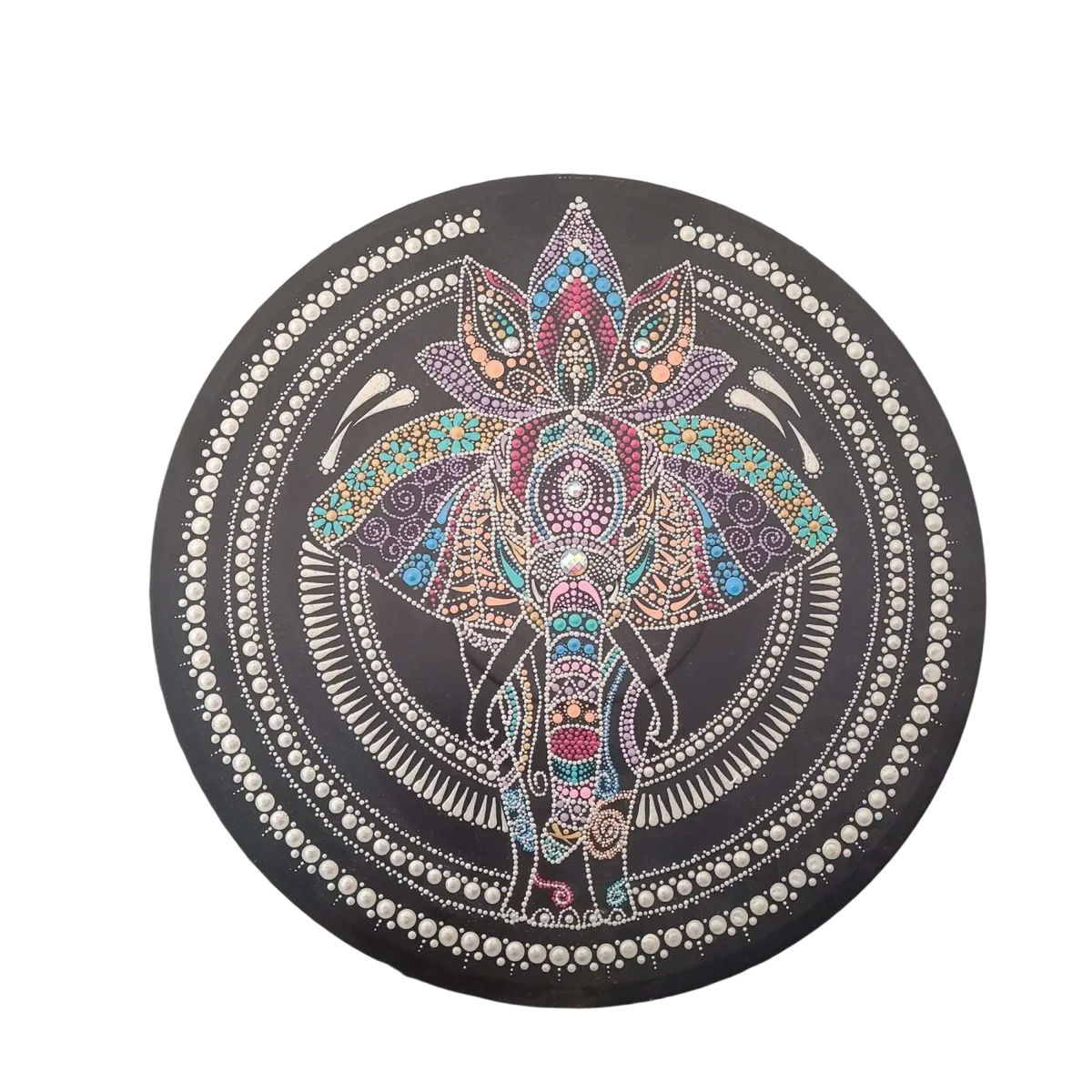 Spirituelle Dekoration auf Vinyl-Schallplatte mit Elefantenmotiv, handgemacht, kreative Wanddekoration im Mana Shop Design