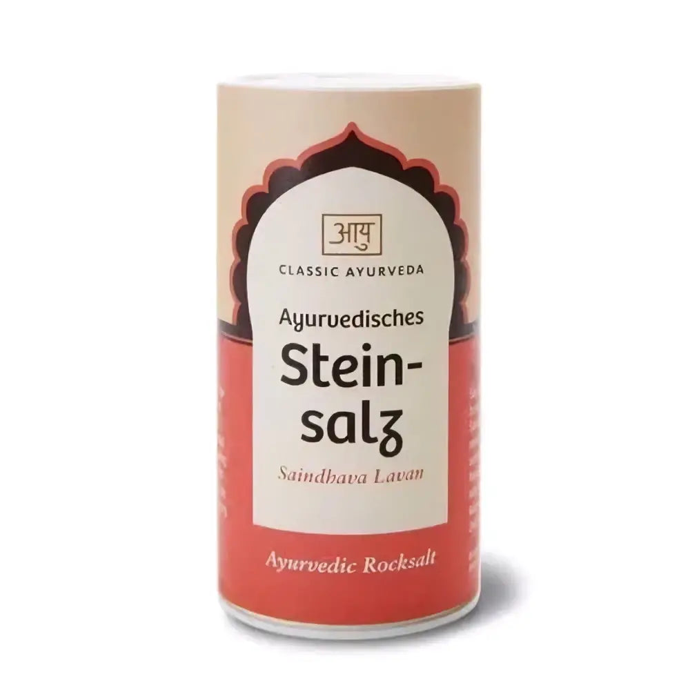 Gemahlenes Steinsalz in zylindrischem Behälter, 200g, von Classic Ayurveda, hochwertiges Gewürz für die Küche