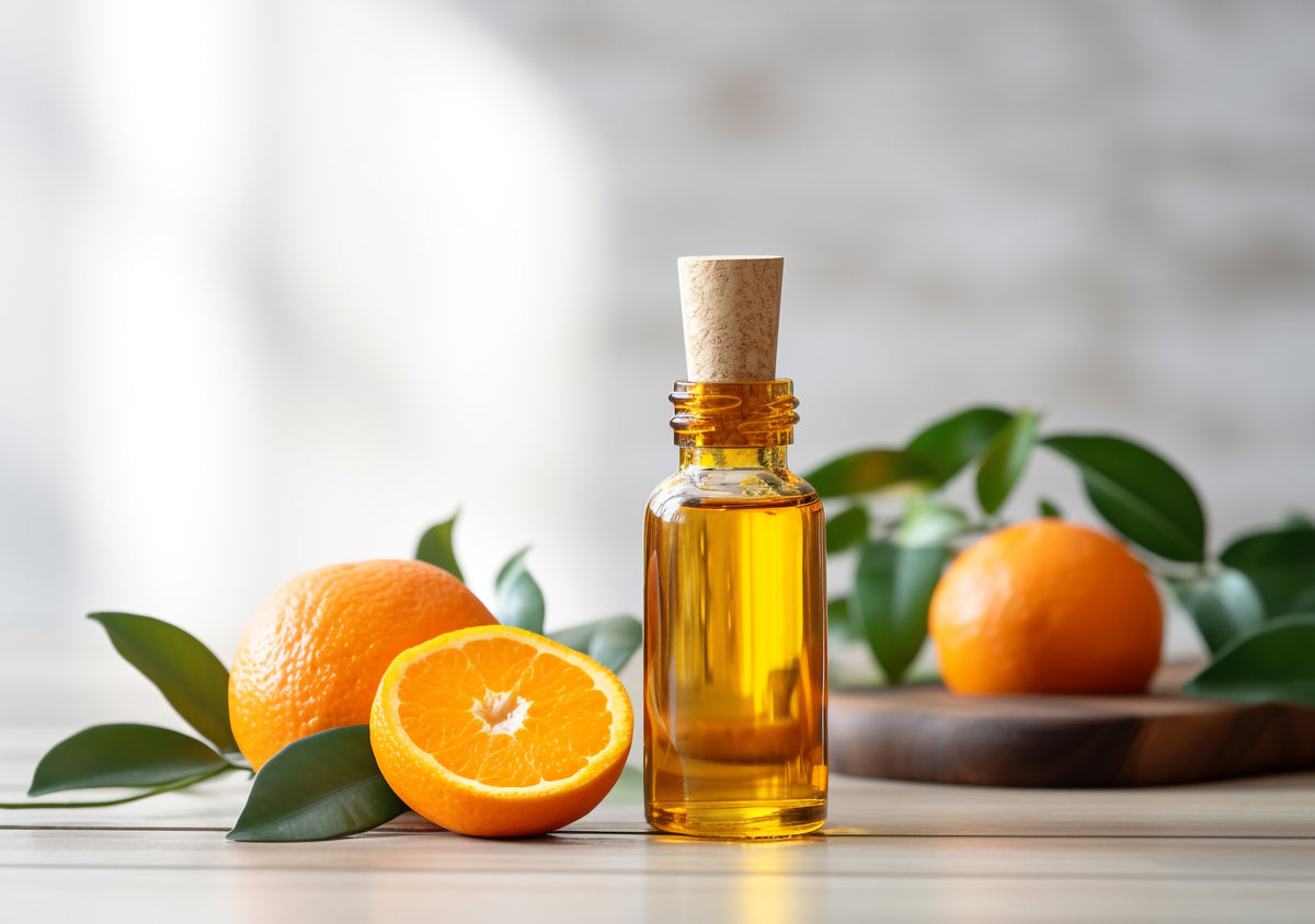 Ätherisches Orangenöl in einer Glasflasche mit Korkverschluss neben frischen Orangen.