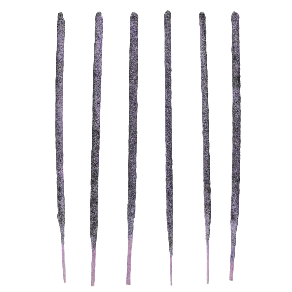 Sechs schlanke dunkelgraue tarot-räucherwerk sticks mit amethyst-edelsteinen und violetten spitzen für spirituellen schutz