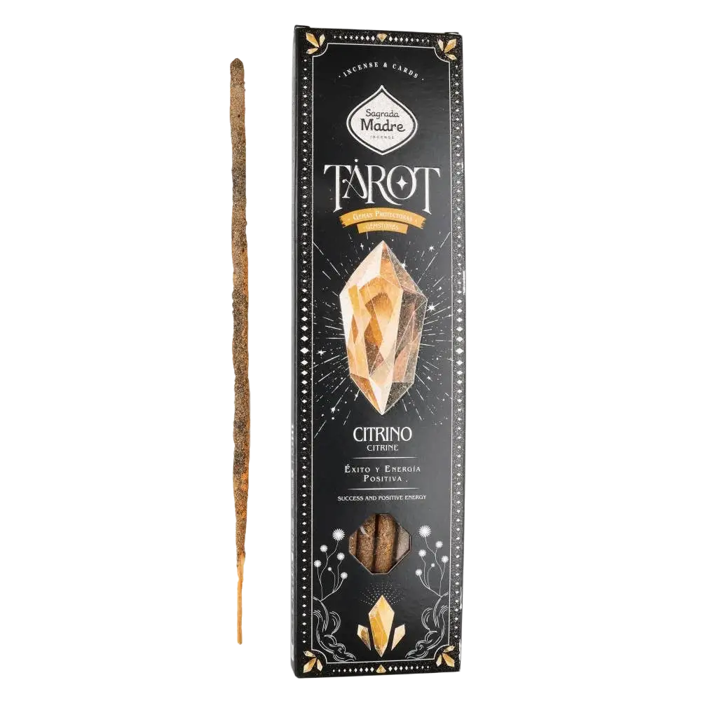 Tarot-räucherwerk edelsteine citrin von saoruda madre mit schwarz goldener verpackung und duft orange und gewürze
