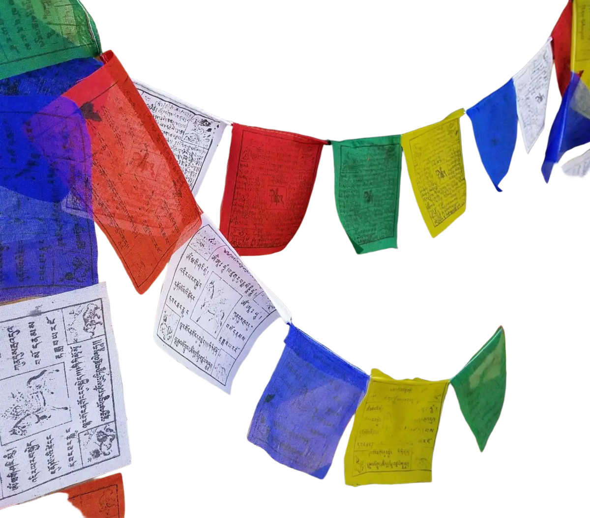 Tibetische Gebetsfahnen von Yak & Yeti, bunte dekorative Gebetsfahnen im tibetischen Buddhismus, hängen im Wind.