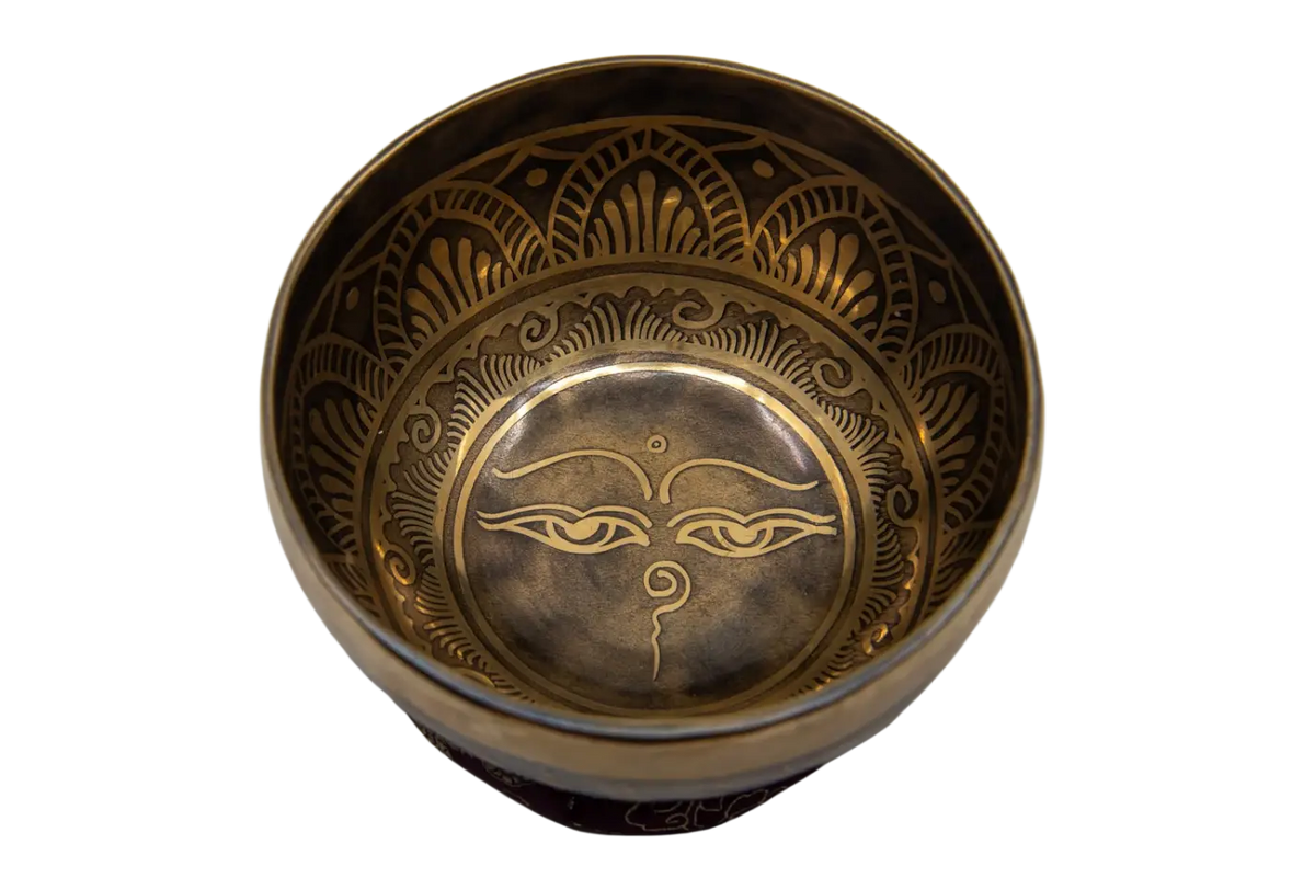 Tibetische Klangschale Buddha Eyes, 14cm, handgefertigtes Musikinstrument für Harmonie und Klarheit für Körper, Geist und Seele.