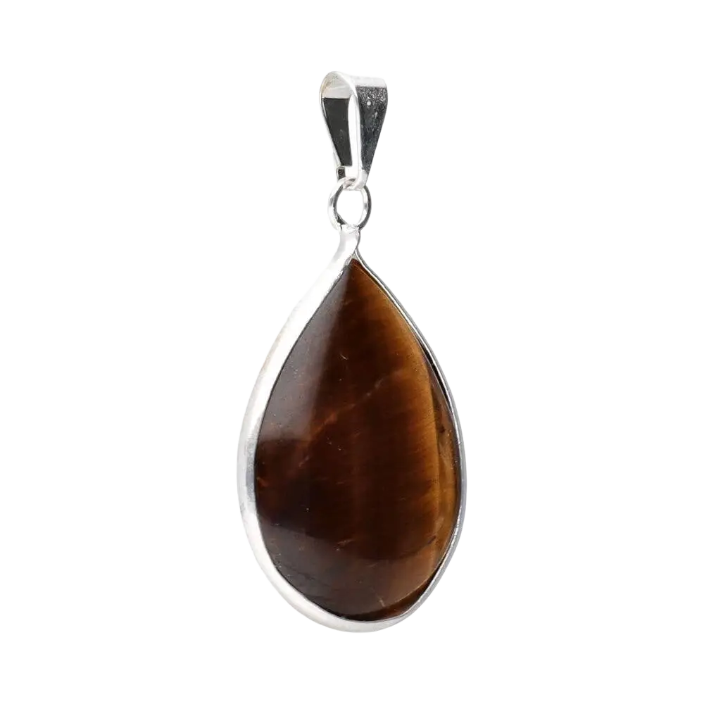 Tigerauge Anhänger in Tropfenform, eleganter Schmuckstein, sichtbar mit goldfarbenem Befestigungsring, stilvoller Edelsteinschmuck