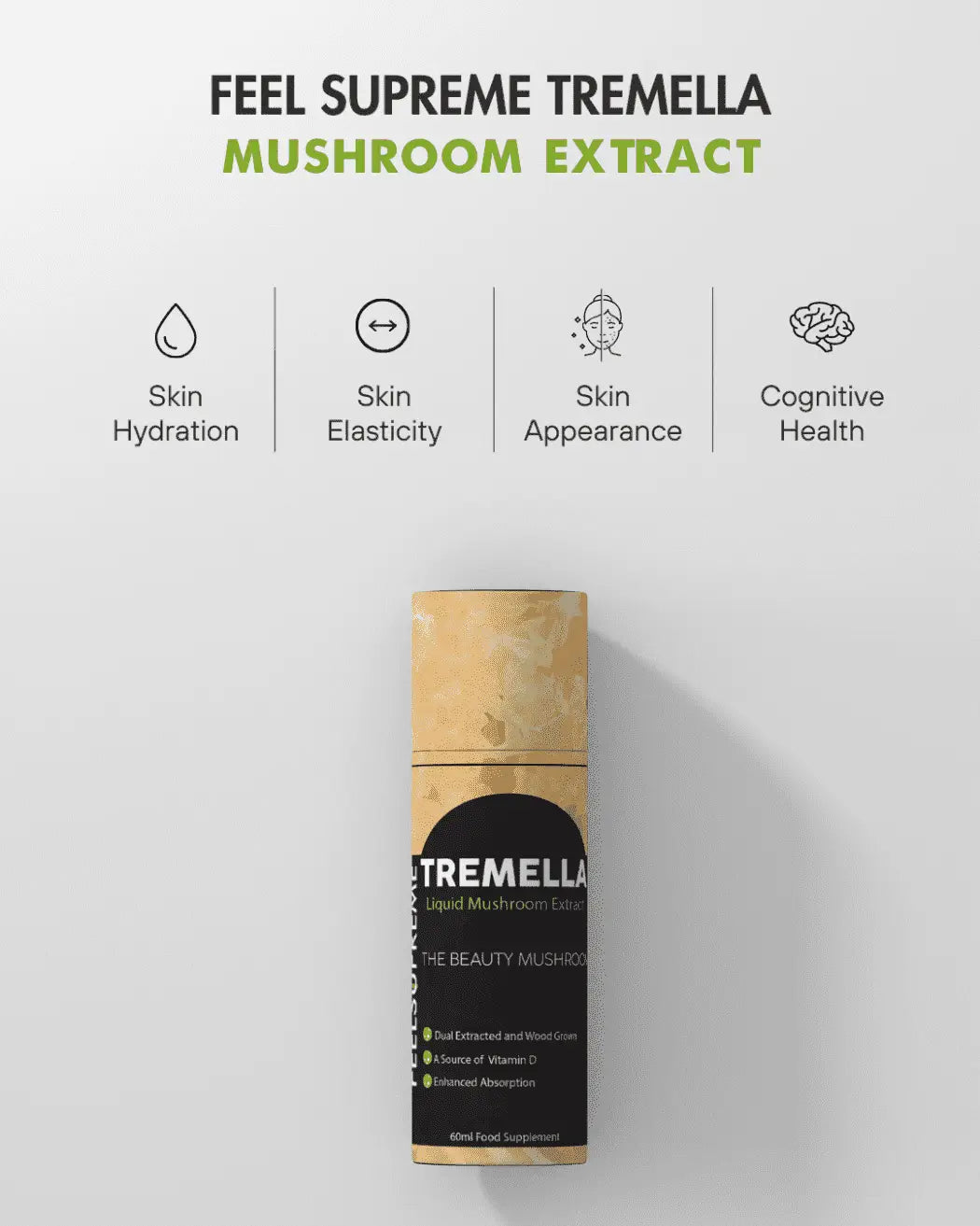 Tremella-Pilzflüssigkeit von Feel Supreme, Nahrungsergänzungsmittel für Haut und Schönheit, in einer Flasche sichtbar