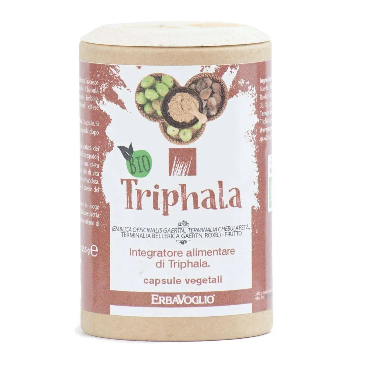 Erbavoglio Triphala Bio-Kapseln für Verdauung und Stoffwechsel, braune Nahrungsergänzungskapseln, close-up Ansicht
