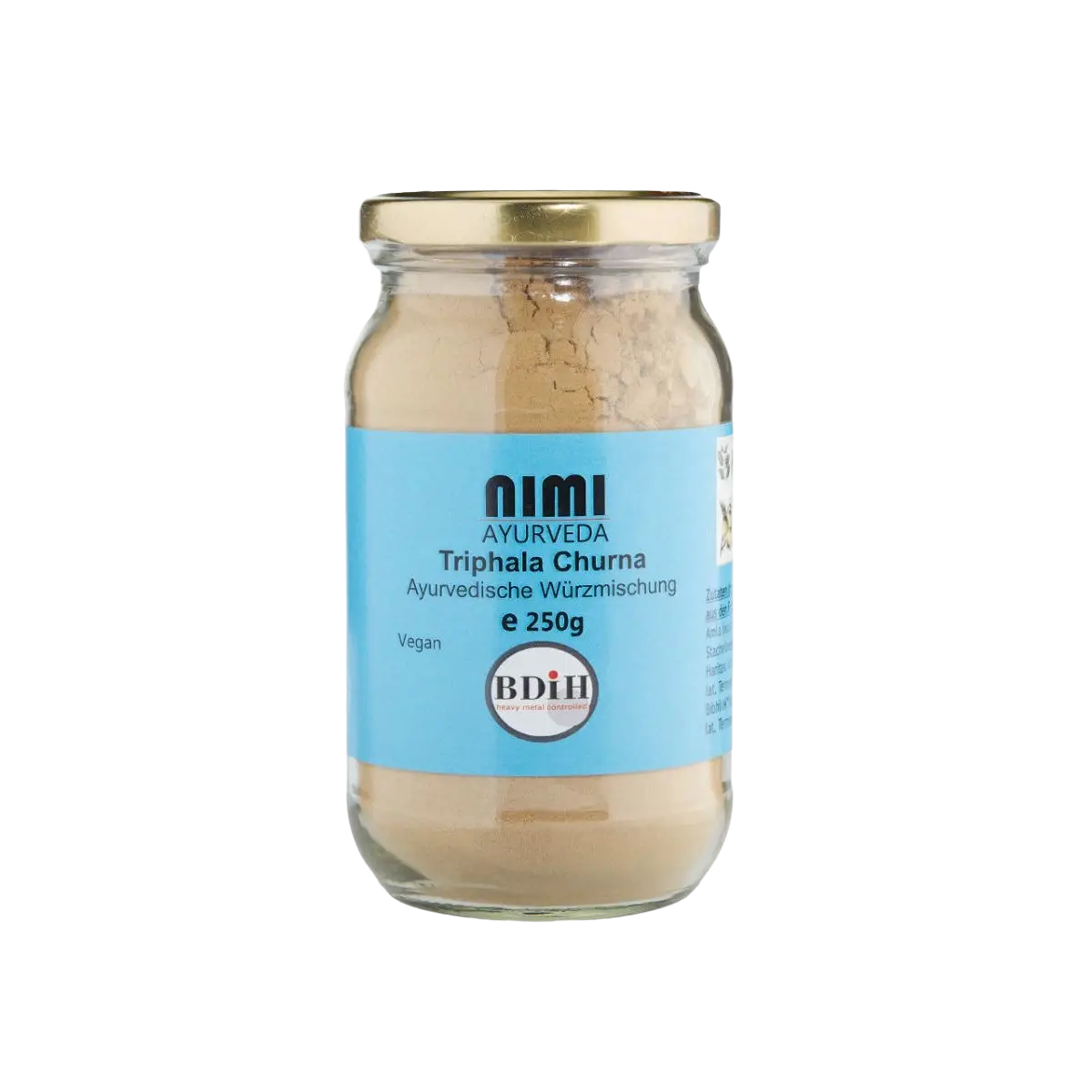 Goldene Glasgefäß mit 250g Triphala Churna Nimi, ein ayurvedisches Spezialpulver von AHG in einem eleganten Behälter