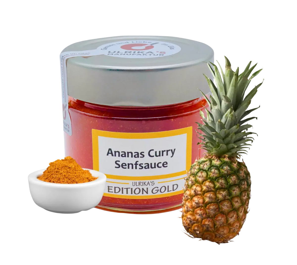 Ulrika's Manufaktur Ananas Curry Senfsauce in 210g Glas, Brotaufstrich und Mus mit Ananas und Curry Geschmack.