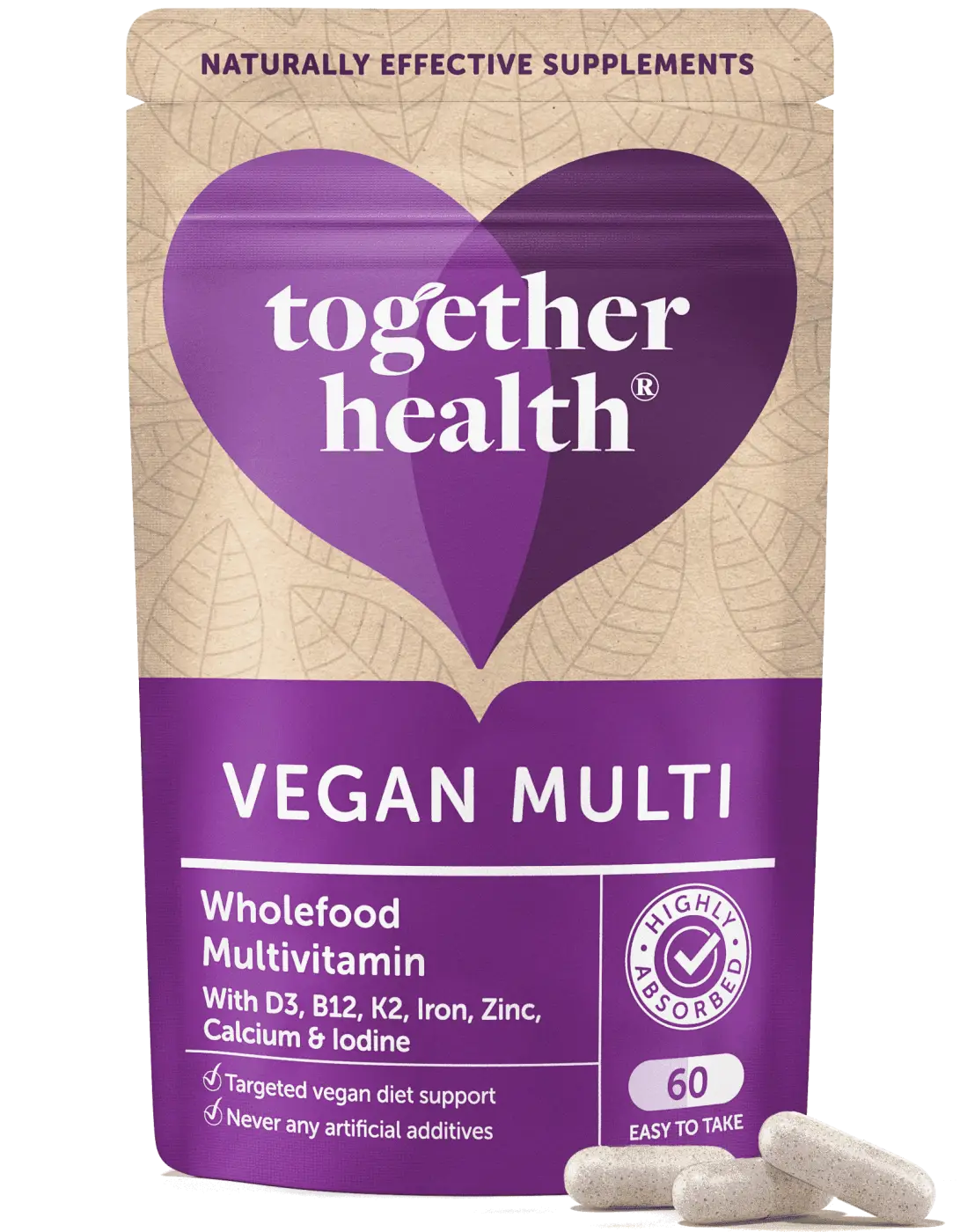 Vegan Multi Nahrungsergänzungsmittel von Together Health, 60 Kapseln mit B12, Eisen und Calcium gegen Müdigkeit