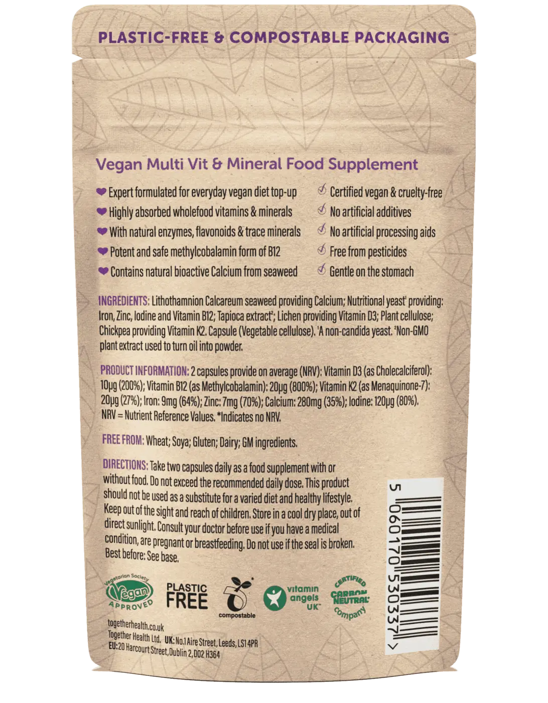 Veganes Nahrungsergänzungsmittel mit 60 Kapseln, B12, Eisen und Calcium zur Unterstützung bei Müdigkeit, von Together Health