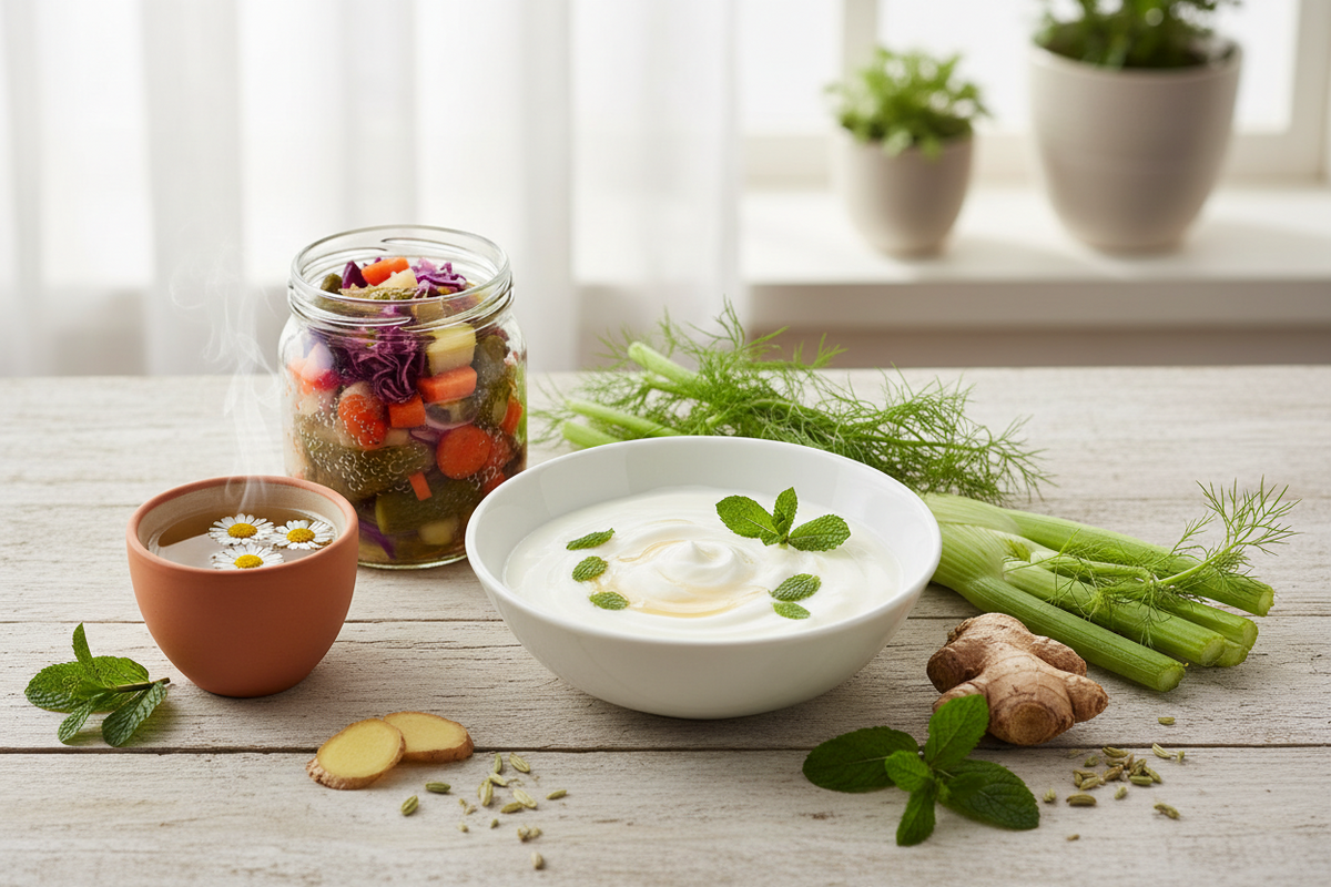 Gesunde Ernährung: Eingelegtes Gemüse im Glas, Joghurt mit Minze und Kräutertee auf Holztisch.