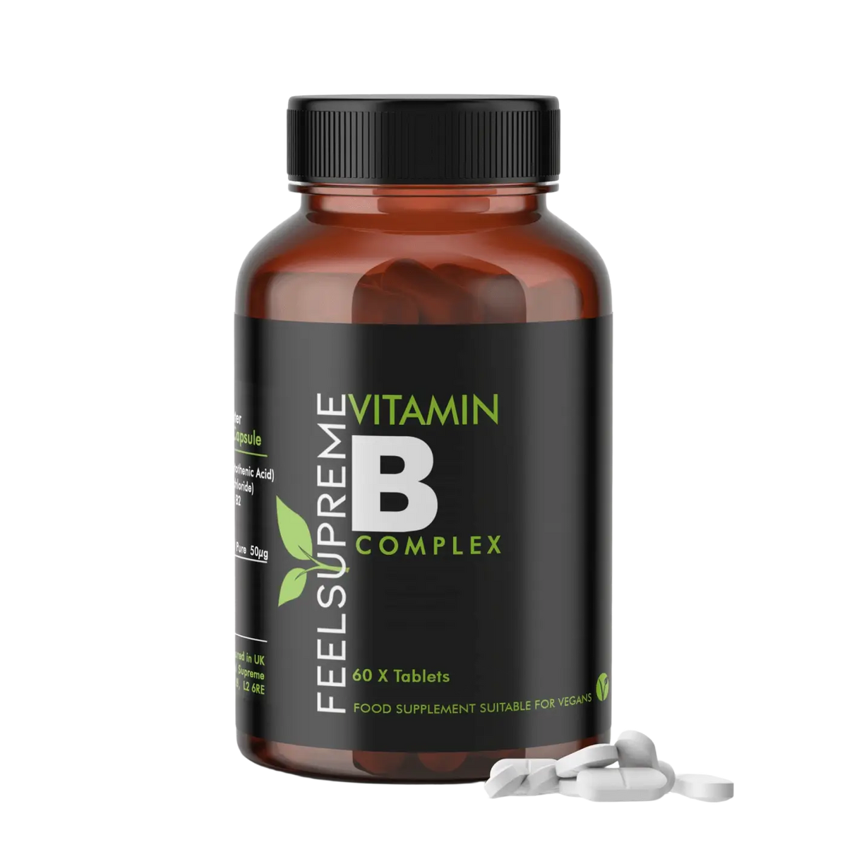 Vitamin B Komplex von Feel Supreme, 60 Nahrungsergänzungskapseln in brauner Glasflasche, Vitamin-B-Tabletten.