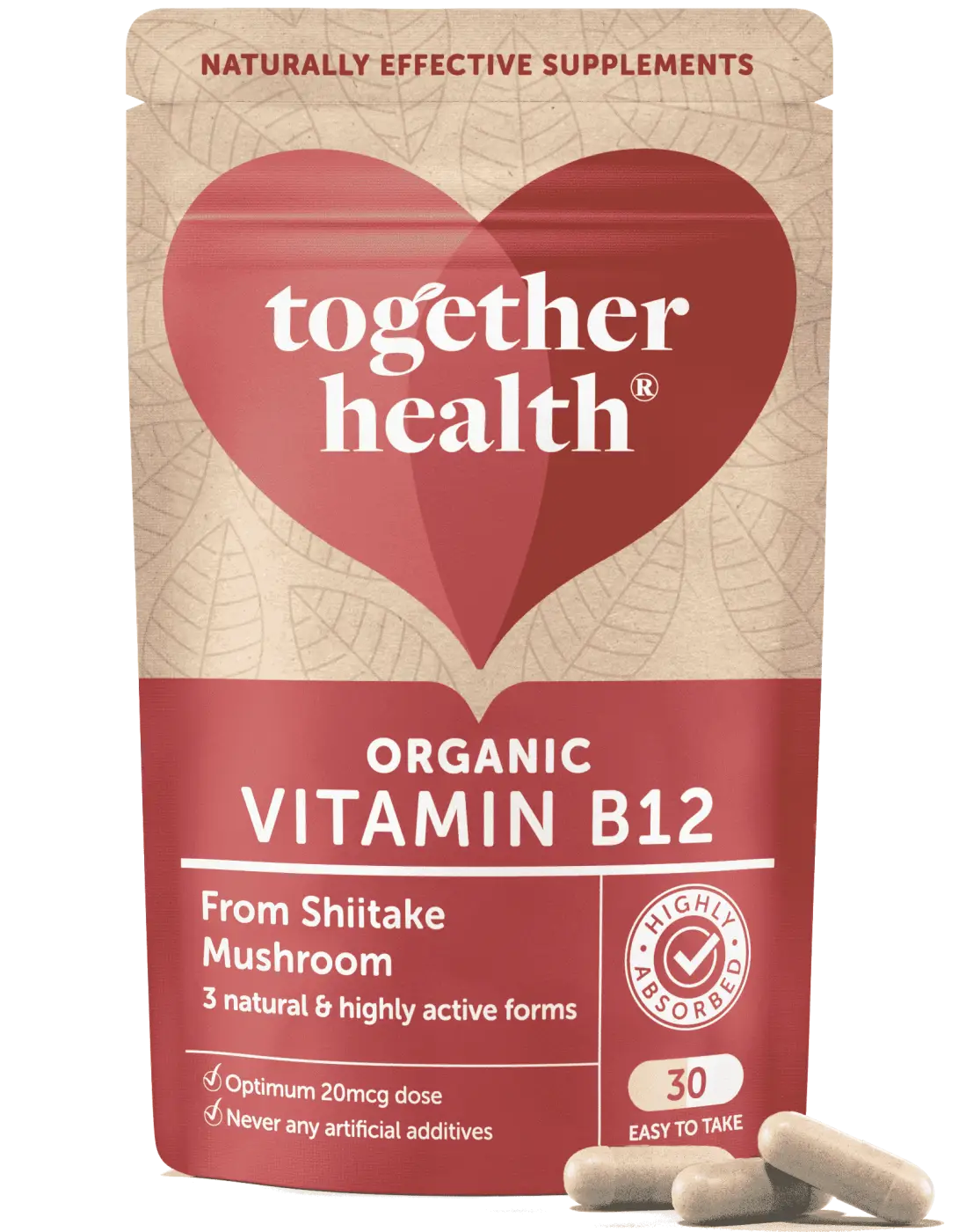 Rotes und beiges pouch mit together health vitamin b12 bio vegan kapseln aus shiitake pilze für energie stoffwechsel