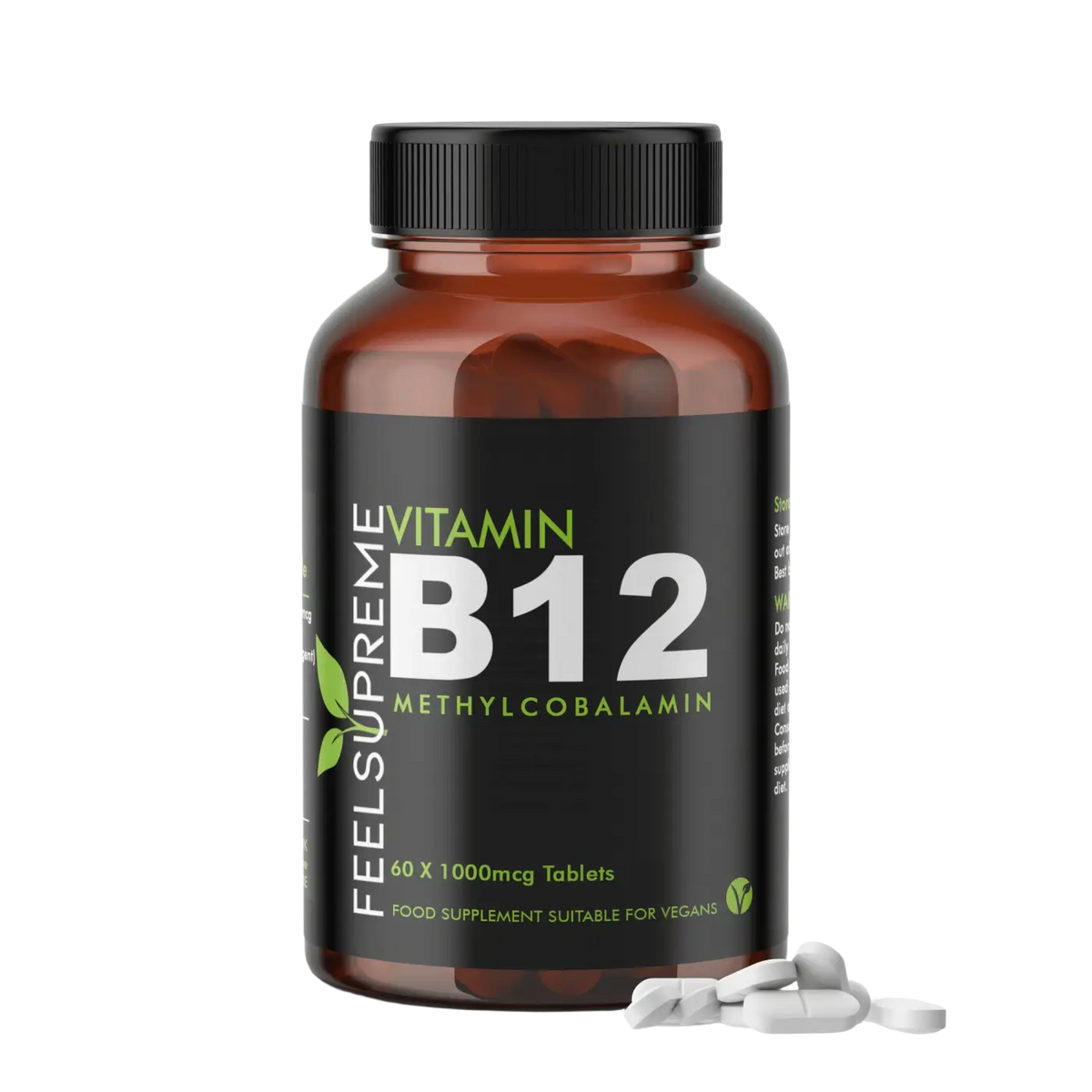 Vitamin B12 Methylcobalamin Nahrungsergänzung in 60 Kapseln, 1000mcg, von Feel Supreme, zeigt die Kapseln in einer Verpackung