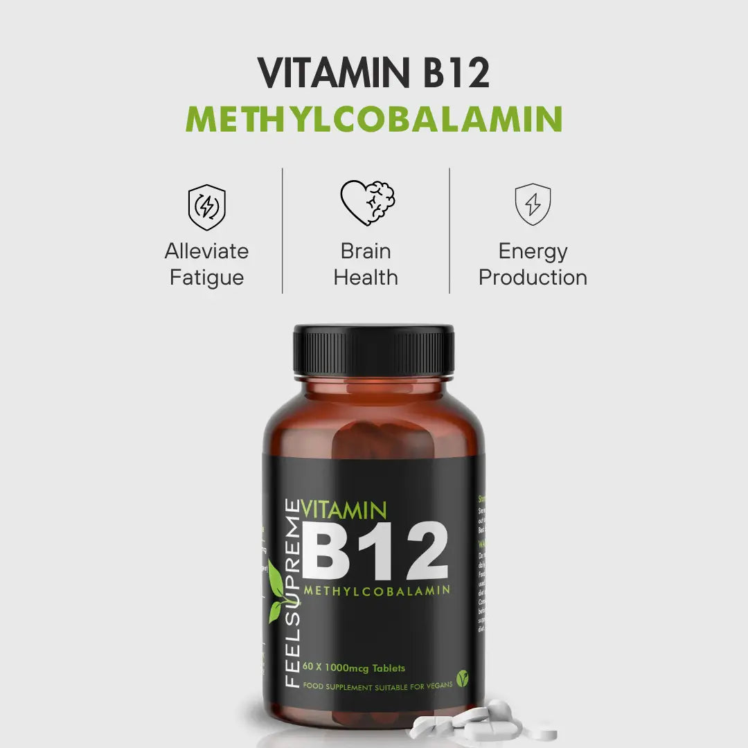Vitamin B12 Methylcobalamin Kapseln von Feel Supreme, 60 Stück, 1000mcg, Nahrungsergänzung in einer offenen Packung