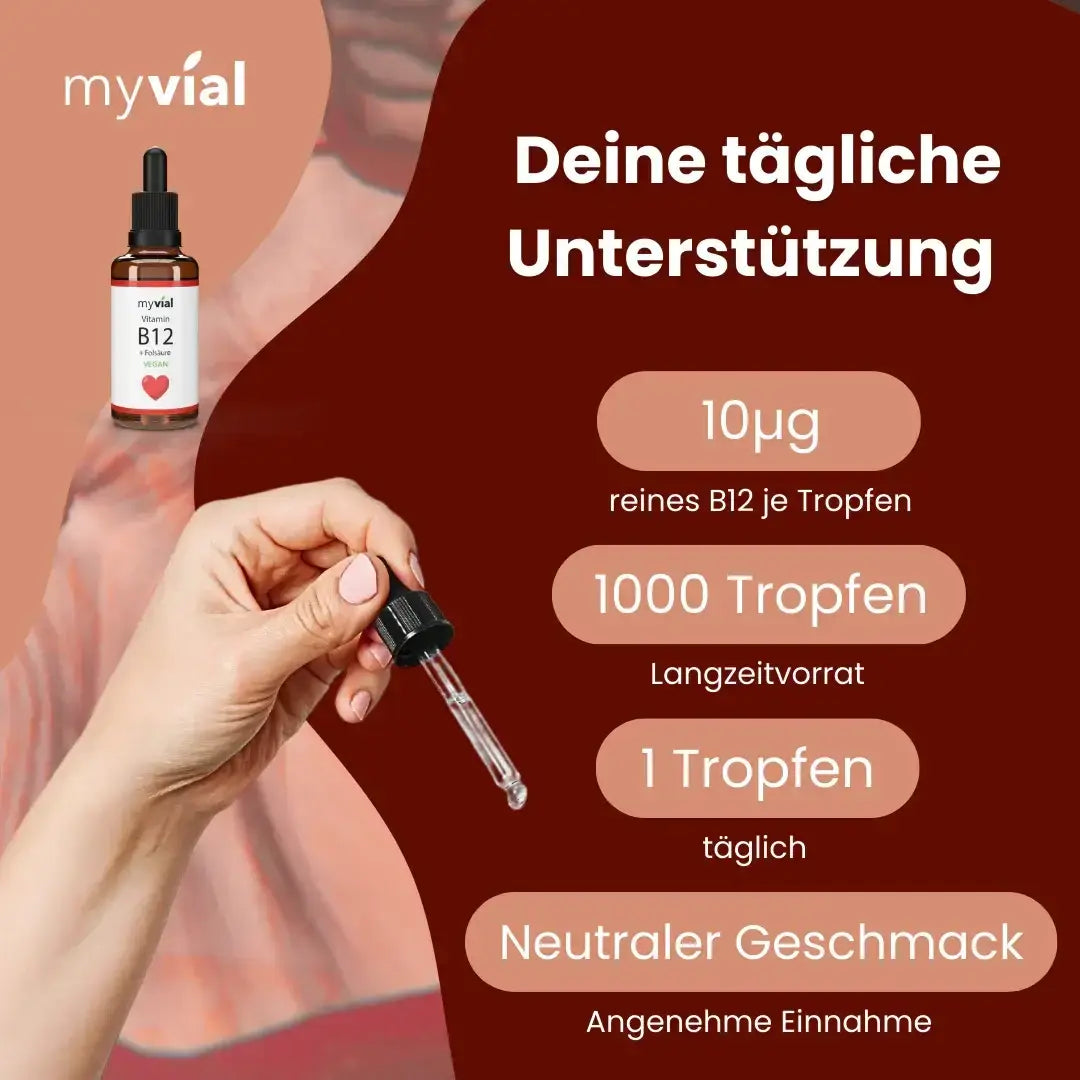 Myvial Vitamin B12 Tropfen mit Folsäure, fördert Energie, Nerven und Blutbildung, Nahrungsergänzung in Flasche