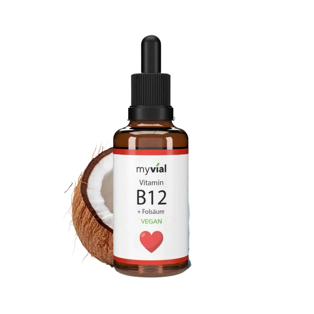 Himbeerfarbene Vitamin B12 Tropfen mit Folsäure von myvial zur Unterstützung von Energie, Nerven und Blutbildung, flüssig in Tropfflasche