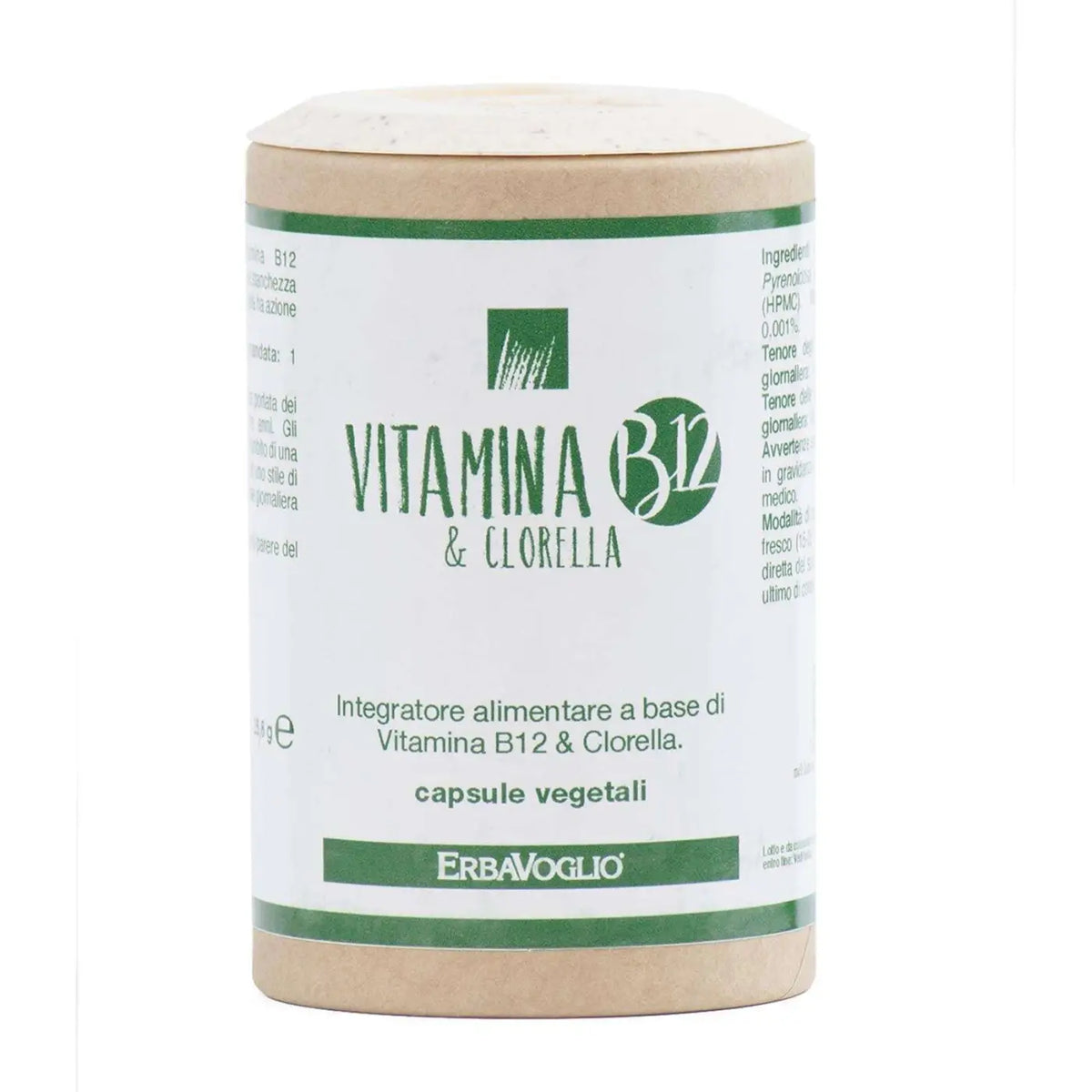 Erbavoglio Vitamin B12 und Chlorella Kapseln, 60 Stück, Nahrungsergänzung gegen Müdigkeit, Stoffwechsel und Entgiftung.