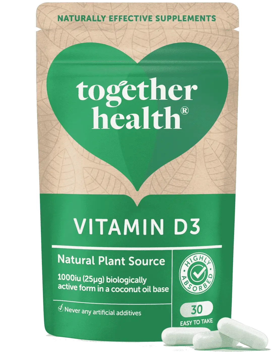 Veganer Vitamin D3 1000i von Together Health, 30 Kapseln, Nahrungsergänzung in grüner Becherverpackung