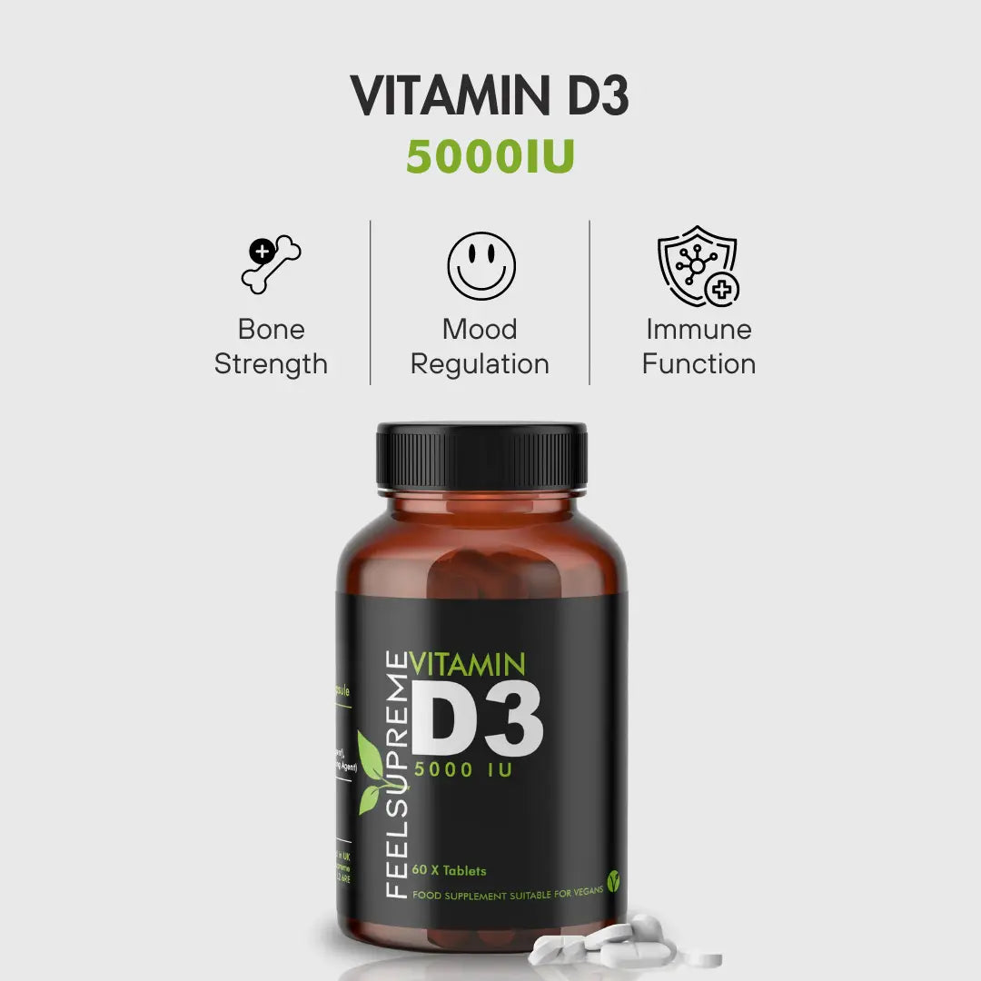 Vitamin D3 5000i Kapseln von Feel Supreme, Nahrungsergänzung zur Unterstützung von Knochen und Immunsystem, geöffnete Kapseln.