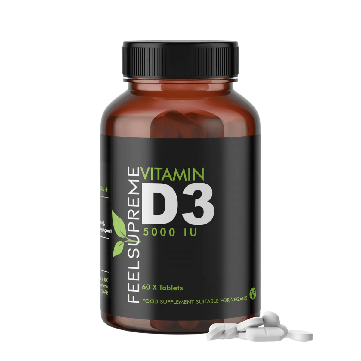 Vitamin D3 5000i Kapseln von Feel Supreme, Nahrungsergänzung für Knochen und Immunsystem, in einer offenen Packung.
