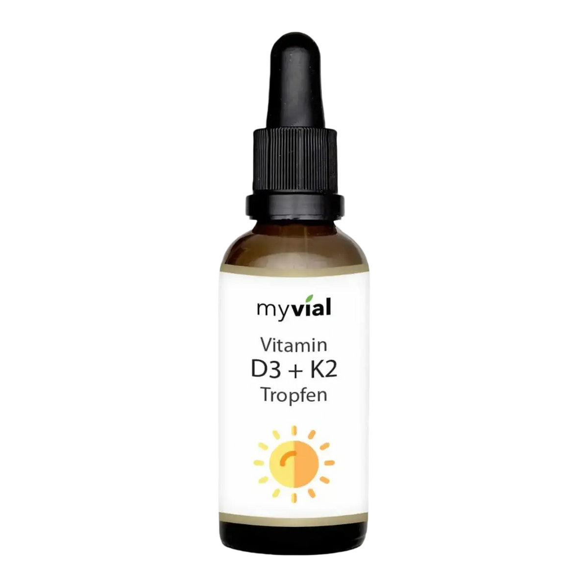 Vitamin D3 + K2 Nahrungsergänzung von myvial, überdosiert 1000 IE pro Tropfen, mit MCT Öl, in Flasche.