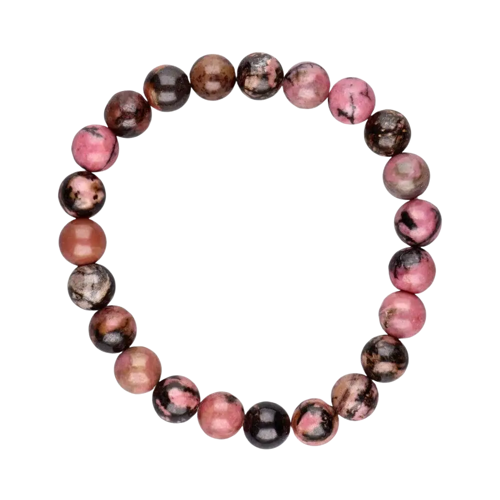 Rhodonit-Armband von Vives de la Cortada S.L, 8 mm Schmuck, pinkes Edelsteinarmband auf weißem Hintergrund