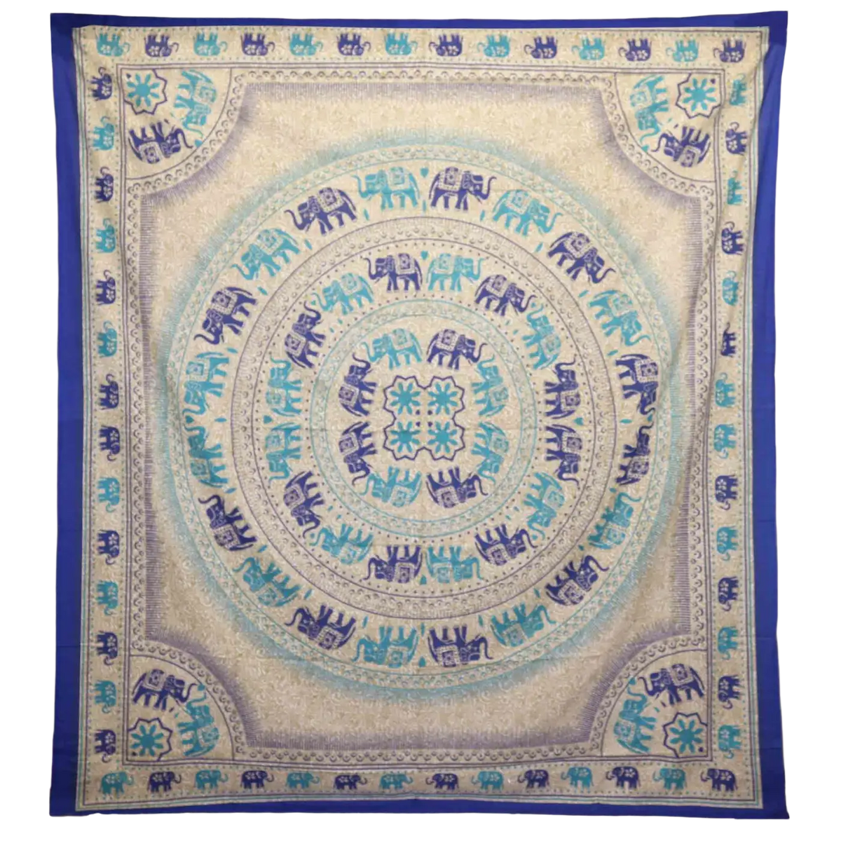 Quadratischer blauer Wandteppich Ritualtuch mit Elefanten-Mandala von AW Artisan, 212 x 193 cm, detailreiches Design