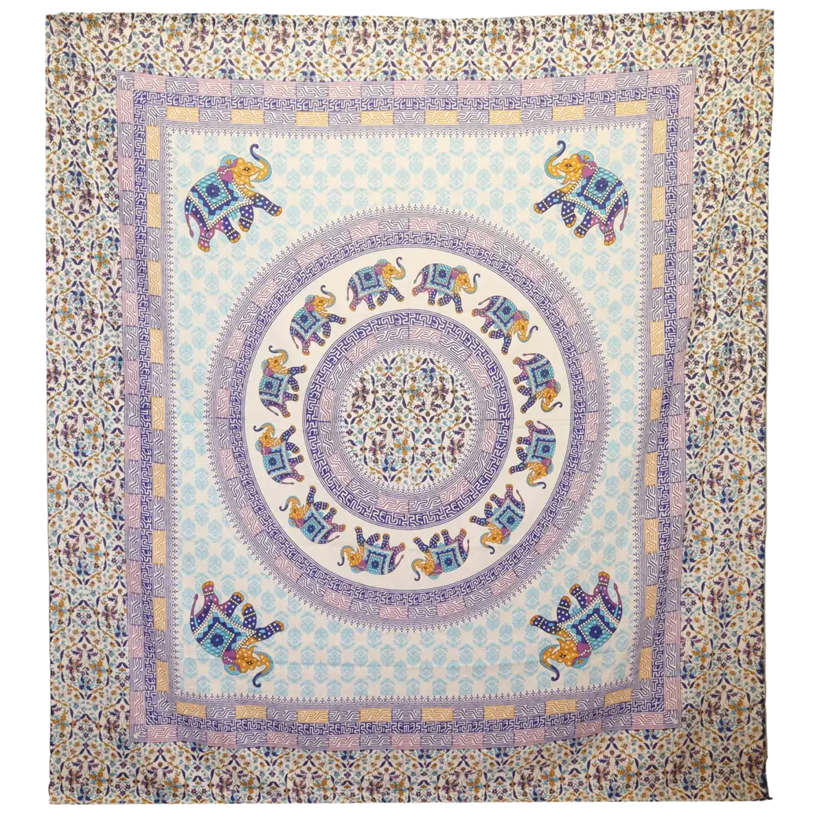 Ritualtuch mit Elefanten-Mandala in Türkis und Blau, 212x193 cm, Wandteppich von AW Artisan, detailreiche Muster