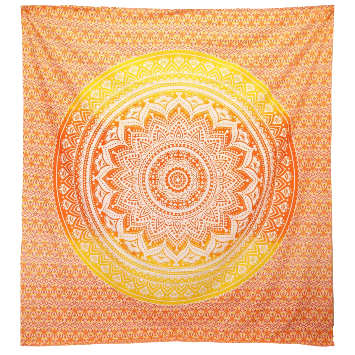 Ritualtuch Wandteppich Mandala Umrao in Orange, 212x193 cm, von AW Artisan, detailreiche Muster auf Stoff.