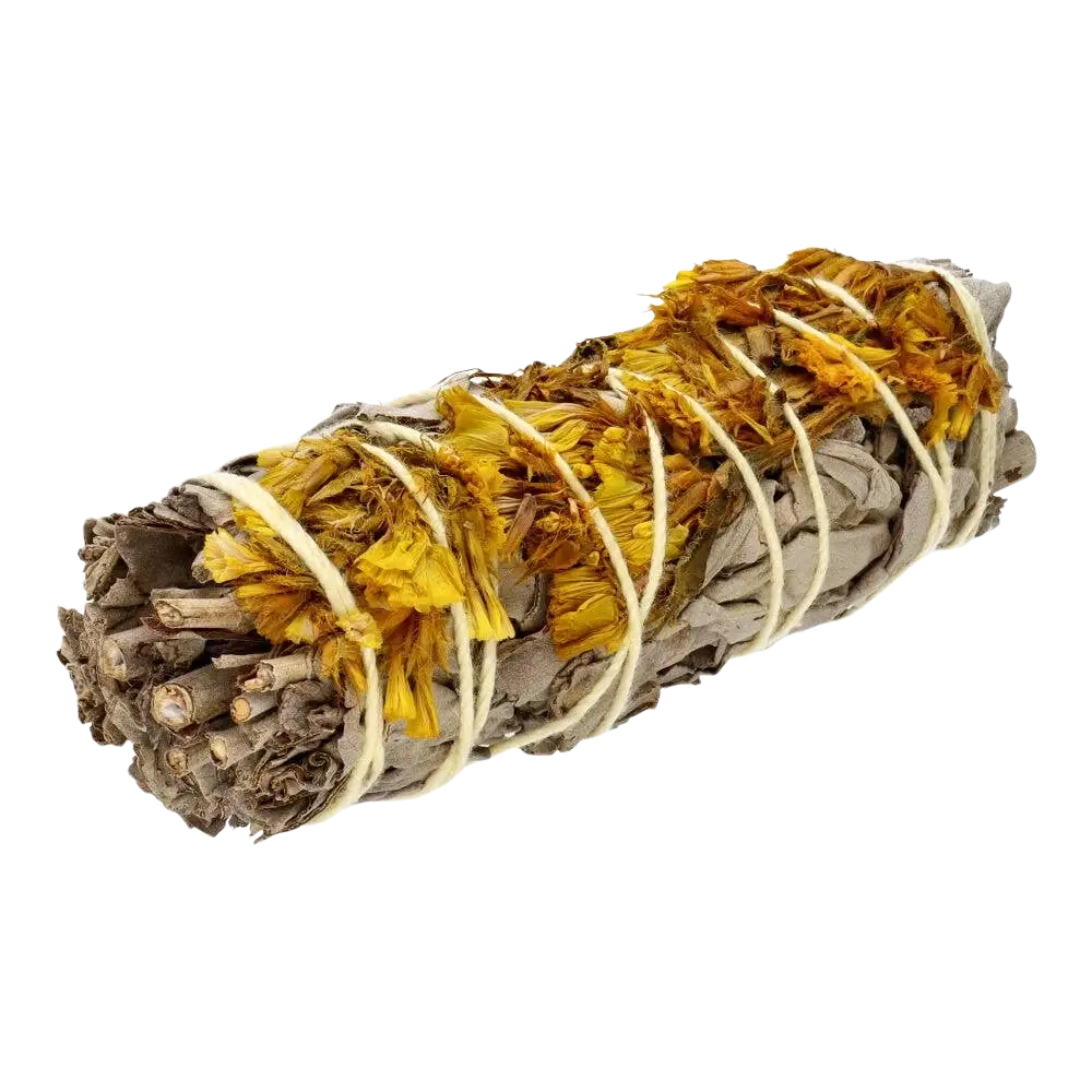 Weißer Salbei mit gelben Sinuaten, Räucherwaren von Vives de la Cortada SCP, in fest gebündelter Form.